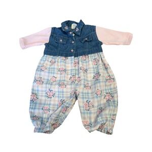 Bubble‎ Romper Denim Floral Vintage 80s Baby Girl Pink Blue Plaid 3 6 Months
